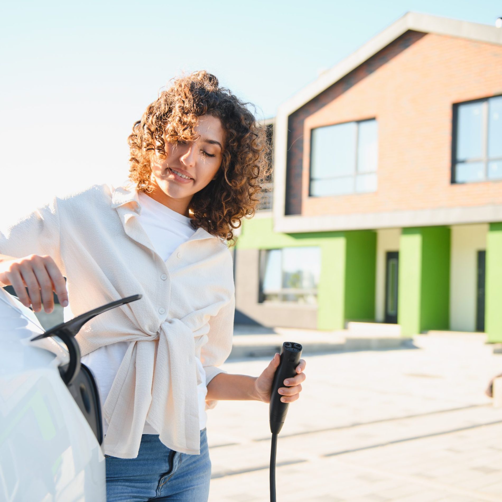 Young woman connects charging cable to her electric vehicle in front of her modern house, demonstrating commitment to eco friendly transportation